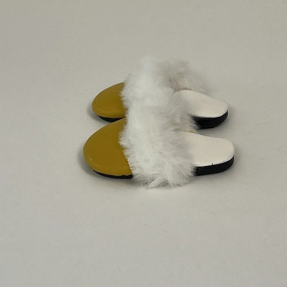 Doll Slippers Yellow Mules‎ Faux Fur Trim Shoes Miniature Collectible